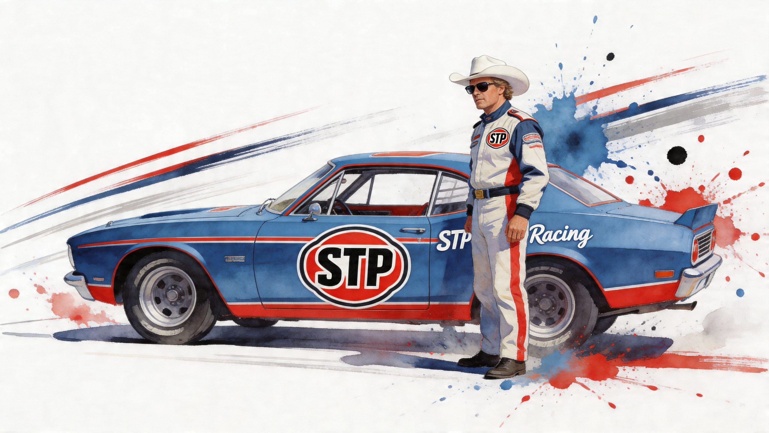A watercolor painting of a race car driver in a white cowboy hat standing beside a blue STP racing car.