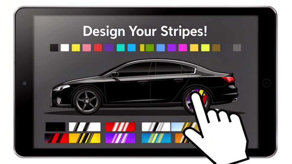A tablet screen displaying a car customization interface for designing and applying stripes to a black sedan.