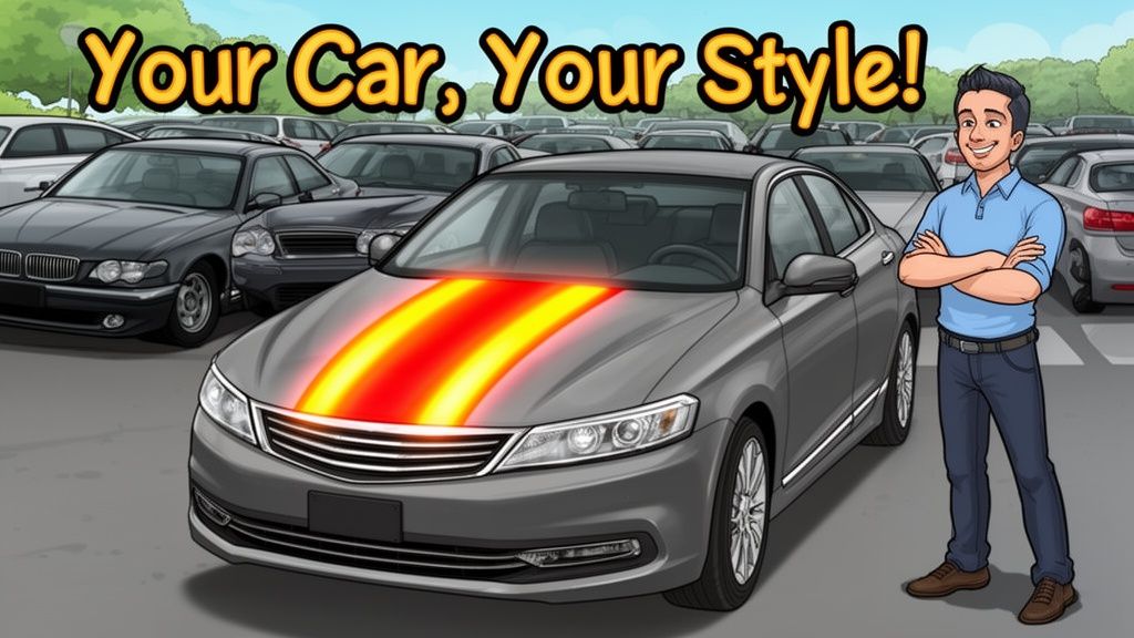 A smiling man stands next to a modern grey car featuring glowing orange and yellow racing stripes.