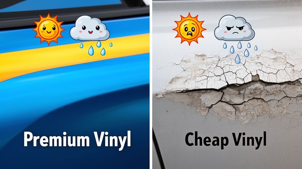 A comparison image showing the durability of premium car vinyl versus the damage of cheap vinyl.