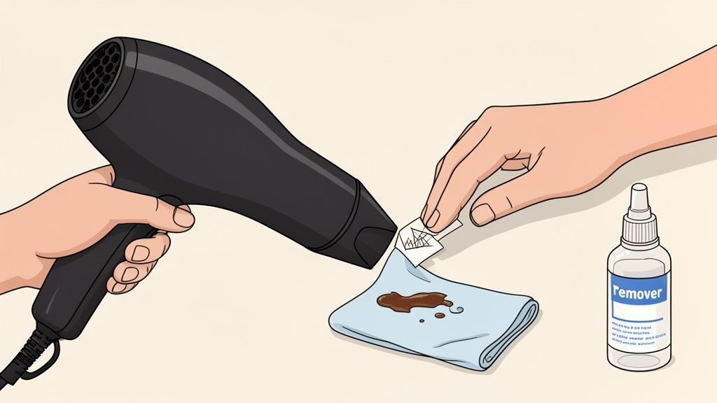 A person uses a hairdryer to warm a sticker being peeled from a stained cloth, with a remover bottle nearby.