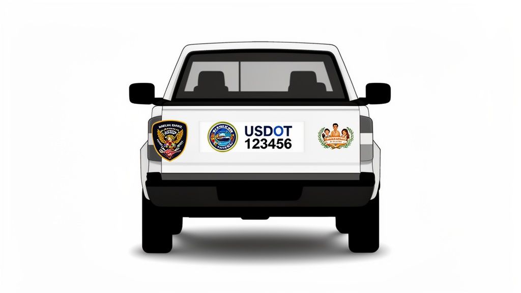 Rear view of a white pickup truck displaying marine service, USDOT number, and family graphic stickers.