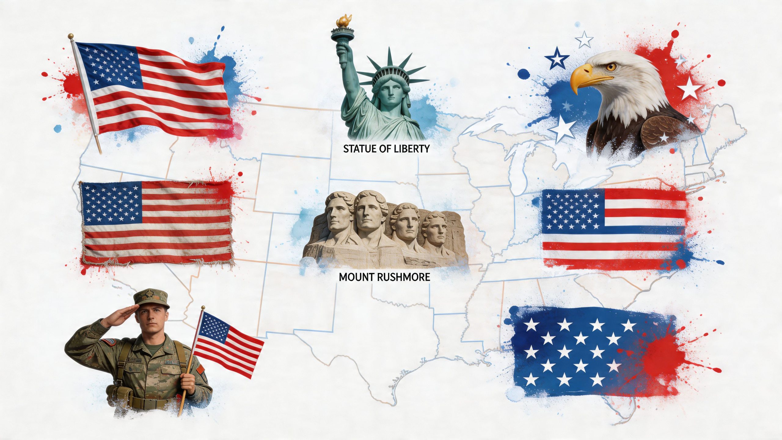 A collage showing iconic American symbols including flags, the Statue of Liberty, Mount Rushmore, and a soldier.