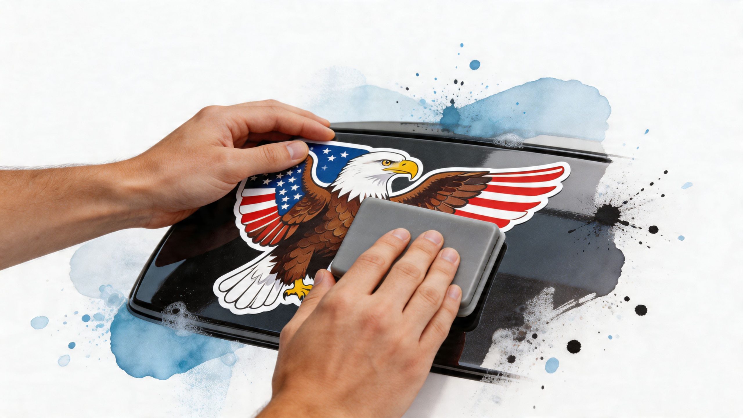 A pair of hands applying an American bald eagle flag decal onto a smooth black vehicle surface.