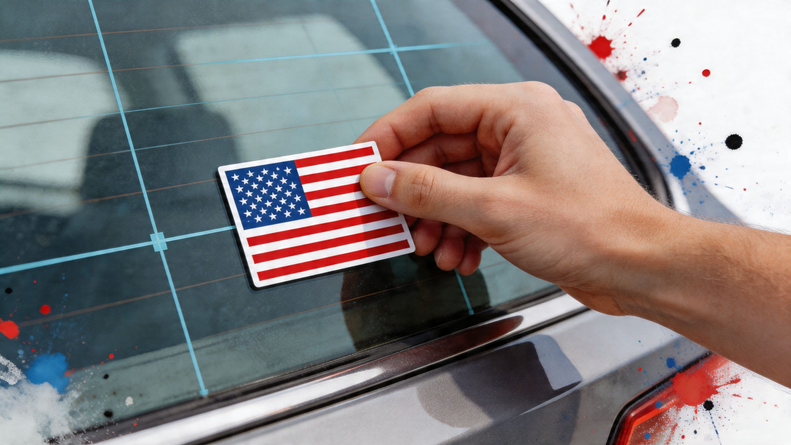 A hand placing a small American flag sticker onto the rear window of a gray car.