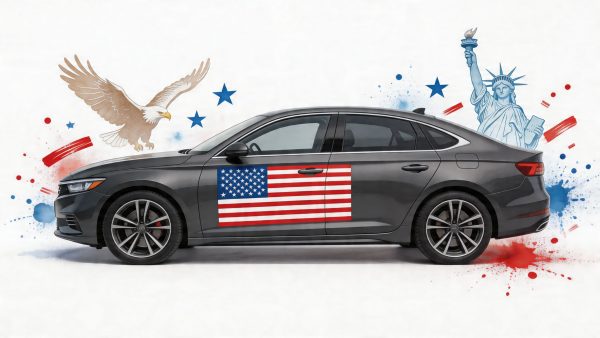 Gray sedan with a large American flag decal on the door, set against a patriotic mural with an eagle and the Statue of Liberty.
