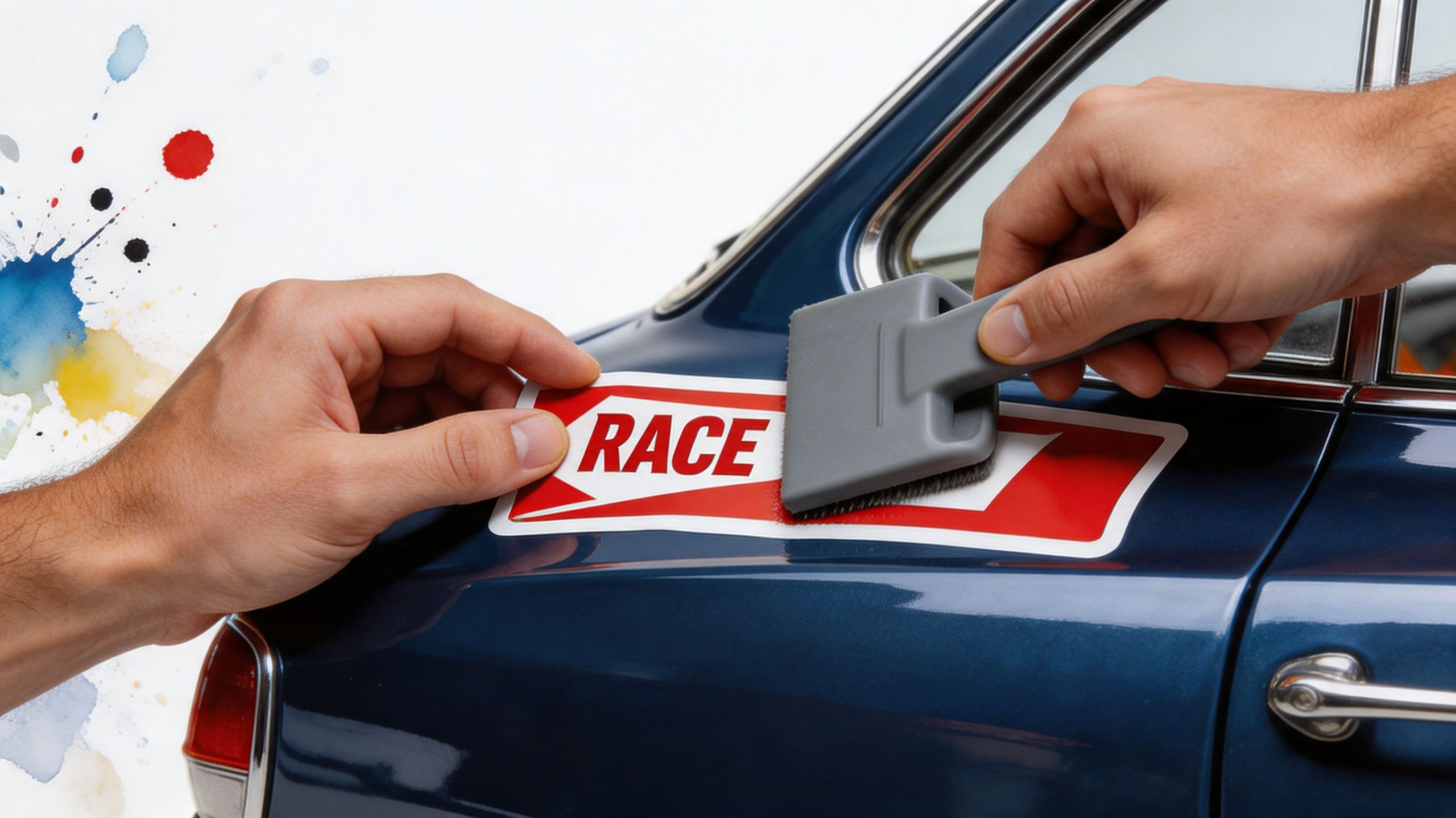 A close up view of hands applying a red and white racing decal to a blue car.