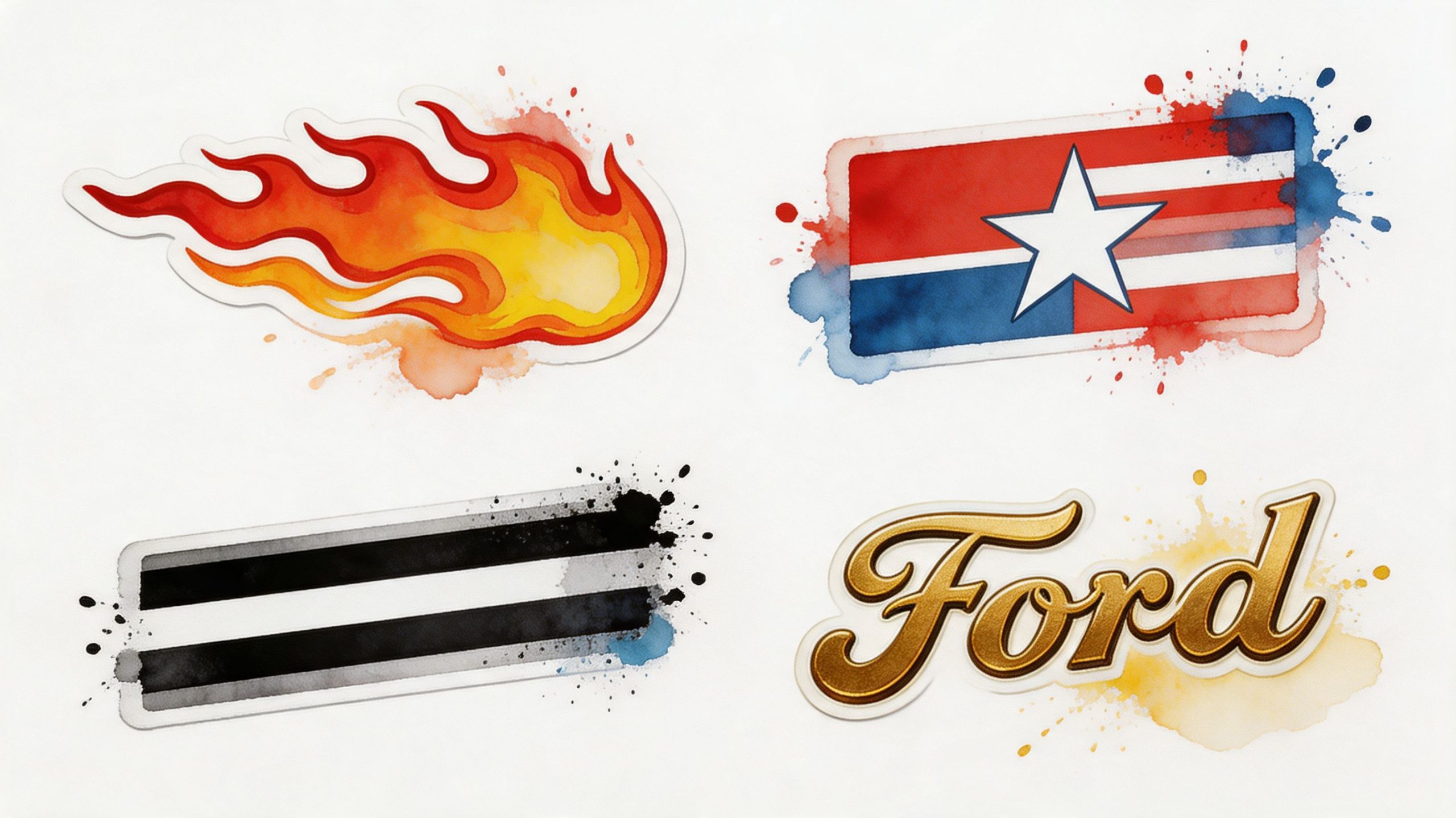 A collection of four vintage automobile decals including flames, a star flag, racing stripes, and gold script.