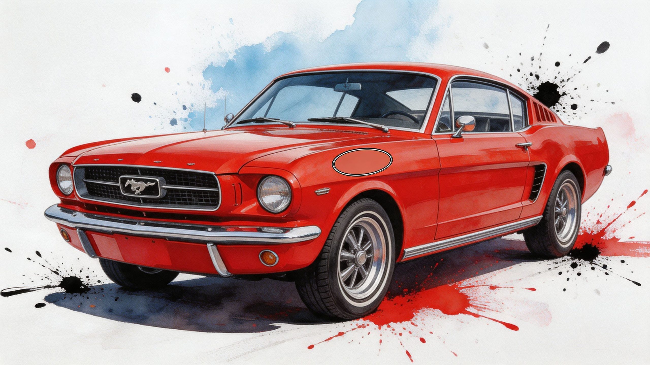 A classic red 1965 Ford Mustang fastback with artistic watercolor paint splatters on a white background.