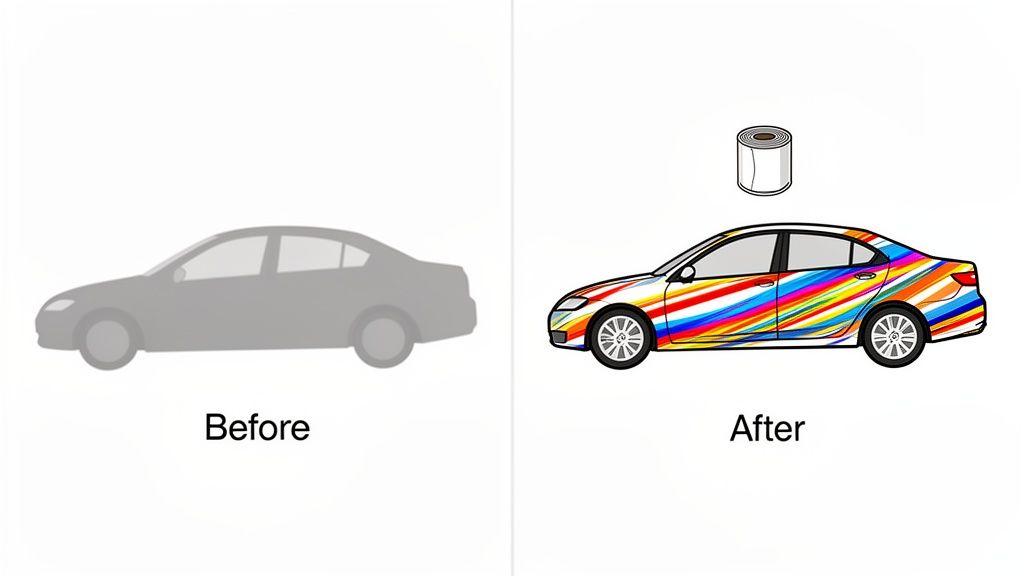 Before and after showing a plain gray car transformed with a vibrant, multi-colored vinyl wrap.