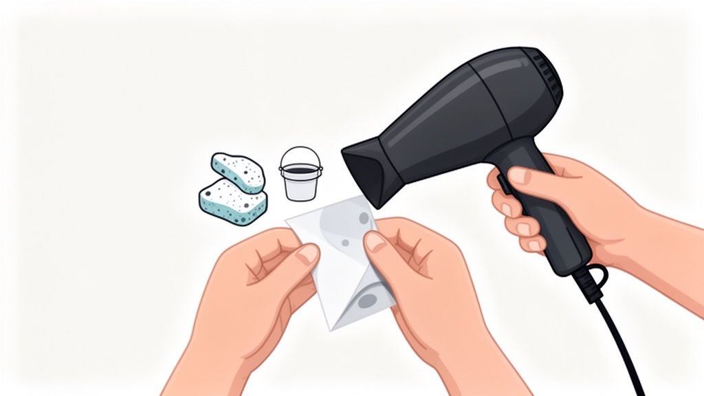 Close-up of hands applying heat with a hairdryer to a decal, with cleaning supplies.