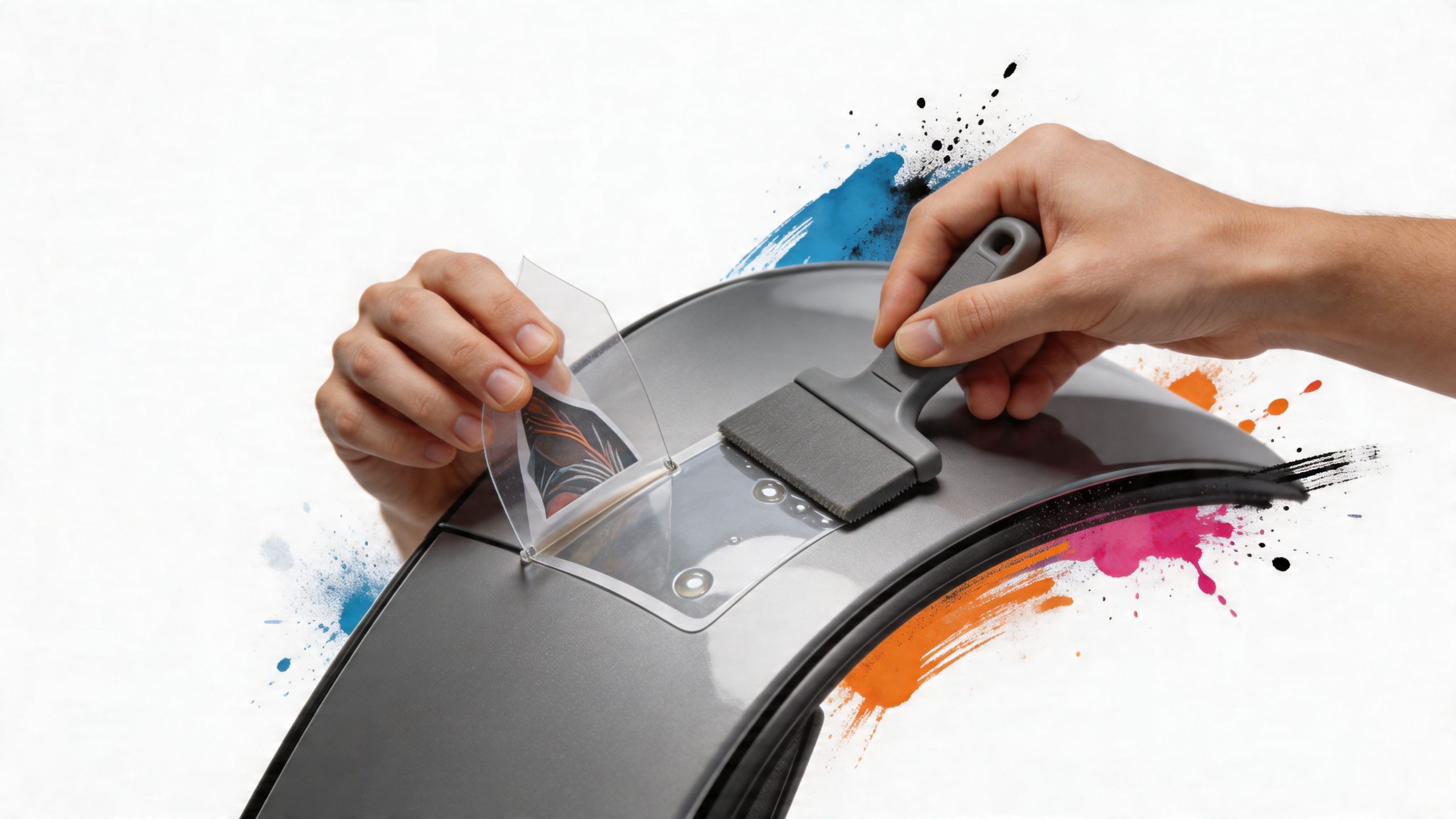 A close-up of a person applying a custom vinyl decal to a motorcycle fender using a tool.