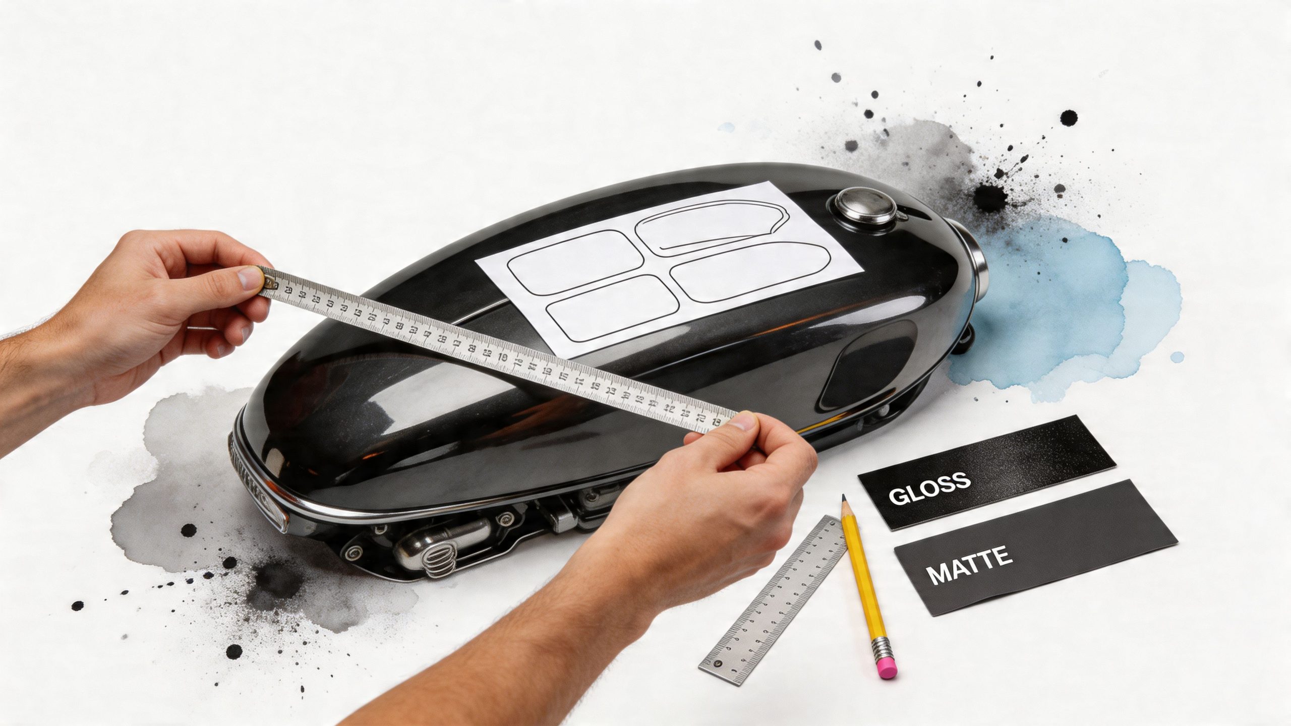 A person measuring a black motorcycle fuel tank with a metal ruler while preparing vinyl motorcycle decals.