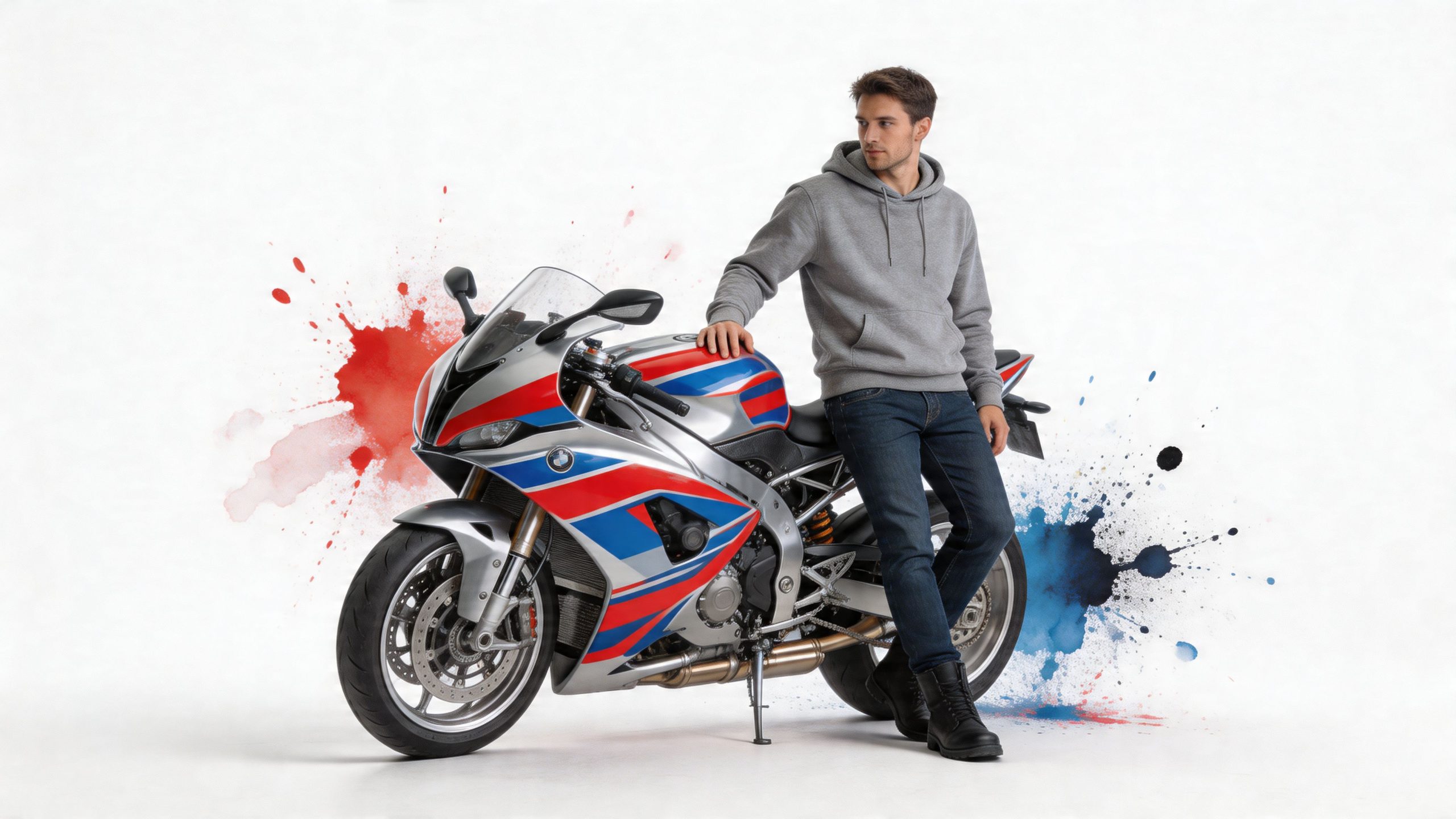 A stylish young man in a gray hoodie leans against a custom silver sportbike with vibrant red and blue decals.