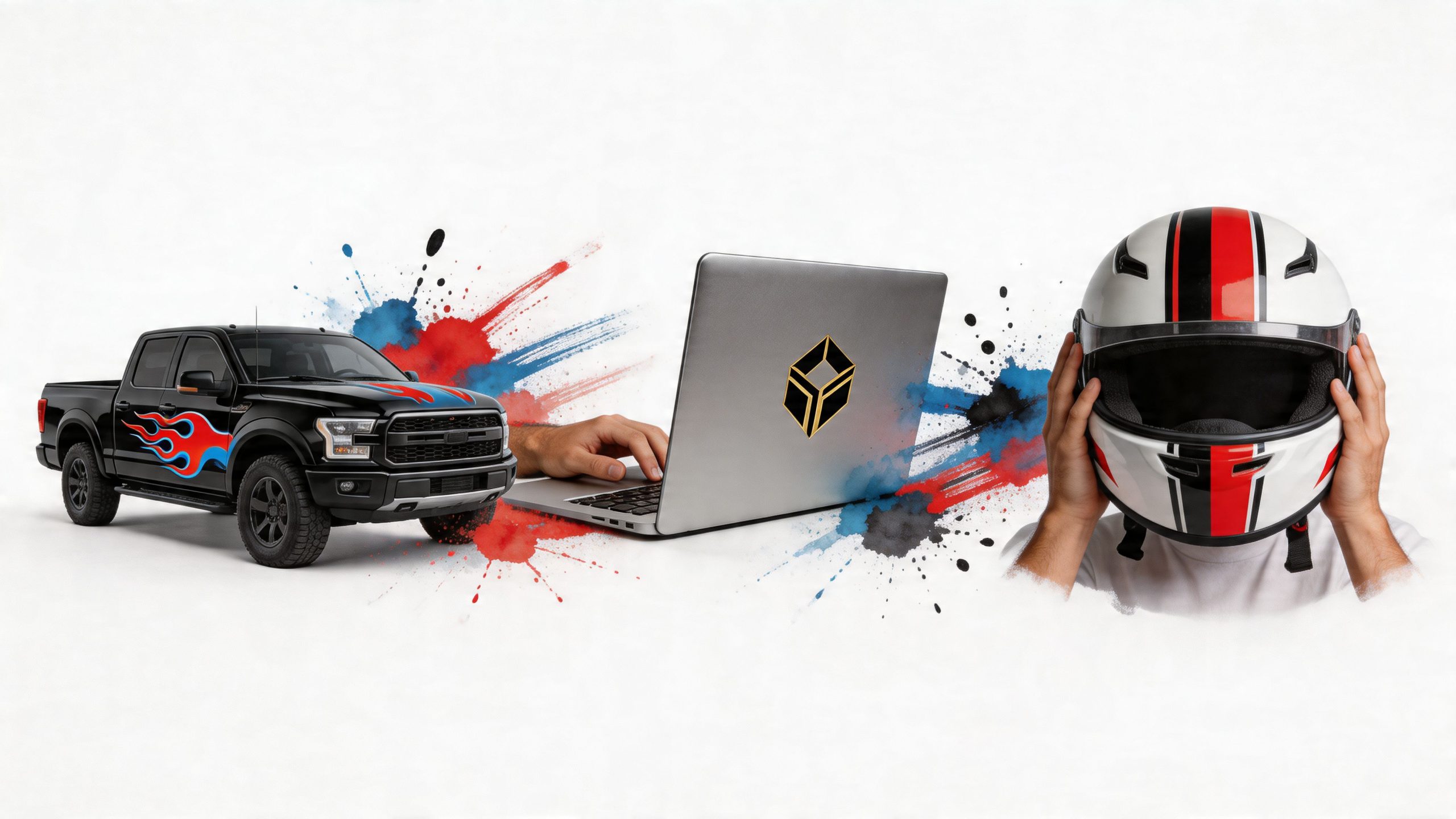 A black pickup truck with blue flame decals, a laptop, and a person holding a racing helmet.