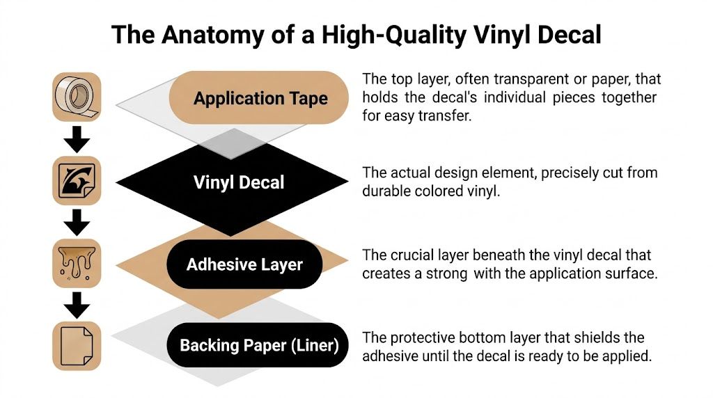 An infographic showing the four layers of a vinyl decal: application tape, vinyl, adhesive, and backing paper.