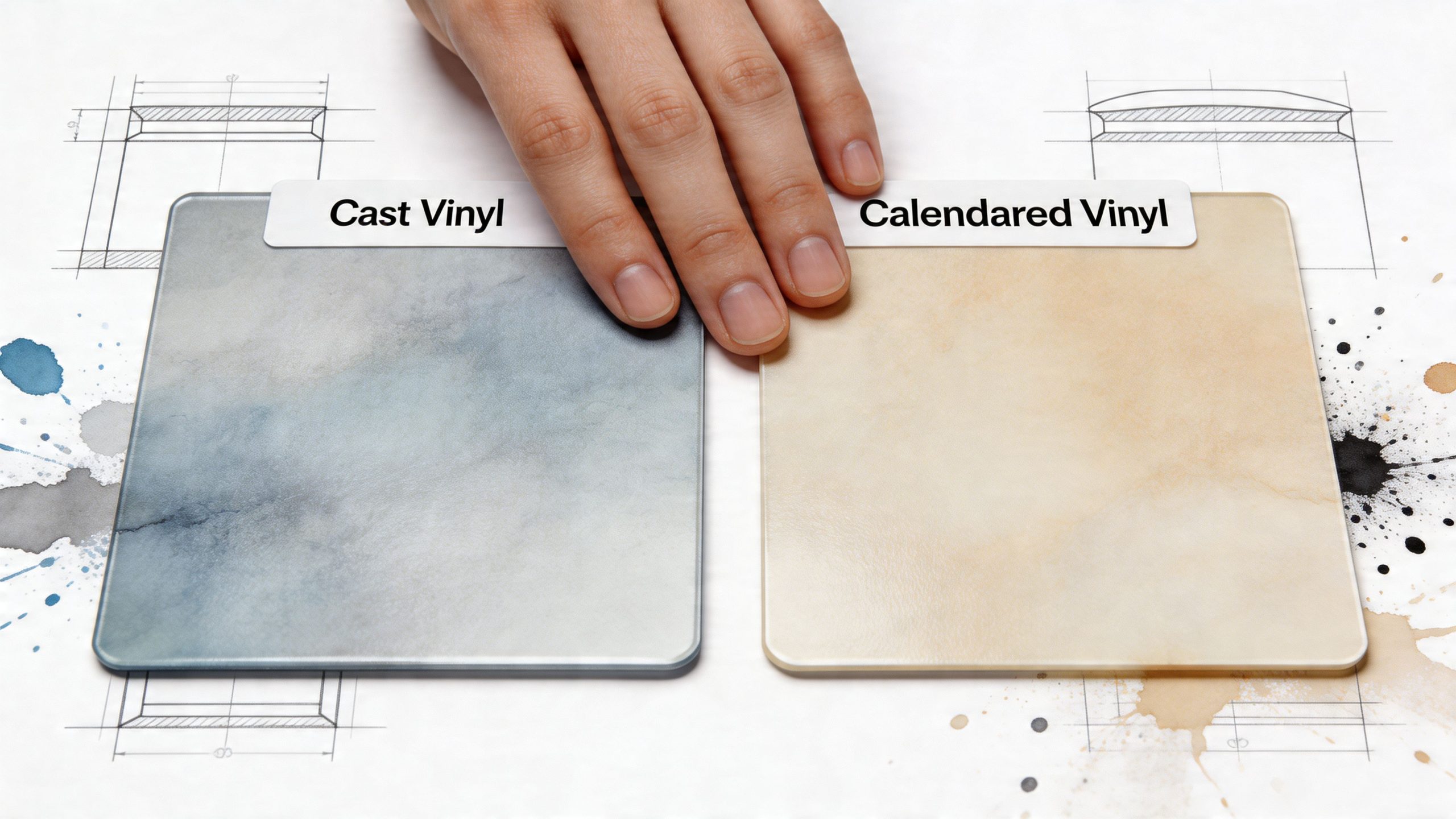 A hand touches two vinyl material samples labeled as Cast Vinyl and Calendered Vinyl on blueprints.