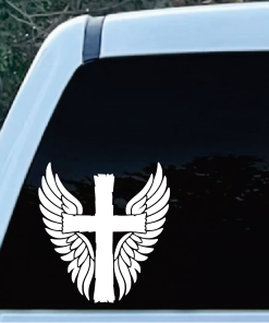 Cross and angel wings decal sticker | Custom Sticker Shop White cross with wings decal on a car window, viewed from outside.