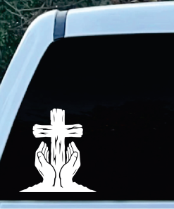 Cross with Worshipping Hands Window Decal Sticker