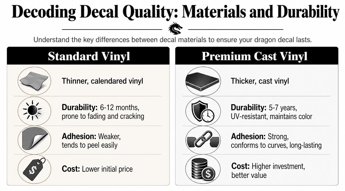 A comparison chart showing the quality and durability differences between standard vinyl and premium cast vinyl decals.