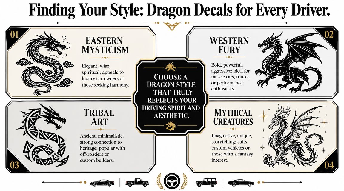 An infographic displaying four different dragon decal styles for vehicles, including eastern, western, tribal, and mythical designs.