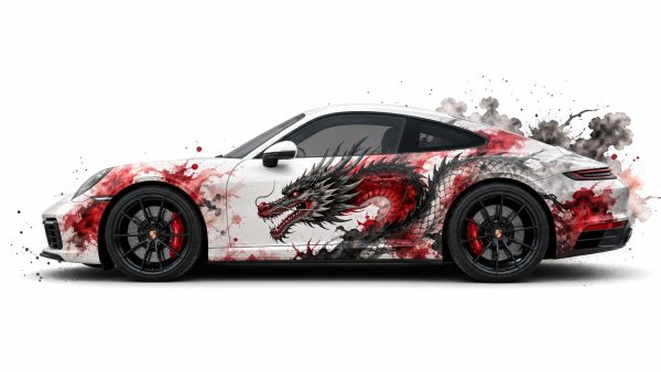 White sports car with a red and black dragon mural along the side across a paint-splattered background.
