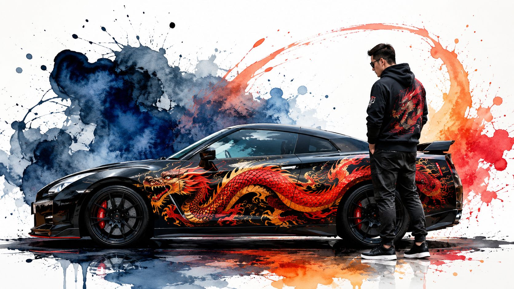 A stylish man in a dragon hoodie stands next to a black sports car featuring dragon decals.