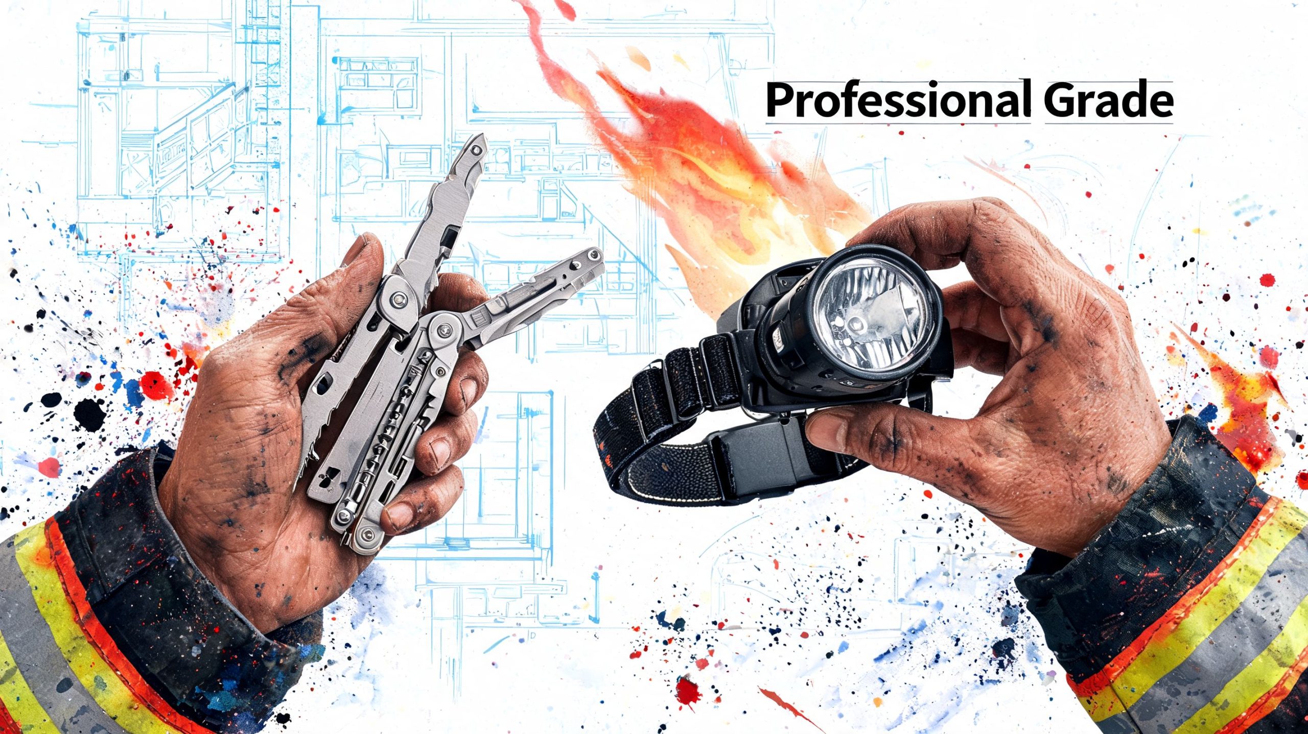 A firefighter's hands holding a multi-tool and a headlamp against a blueprint and flame background.
