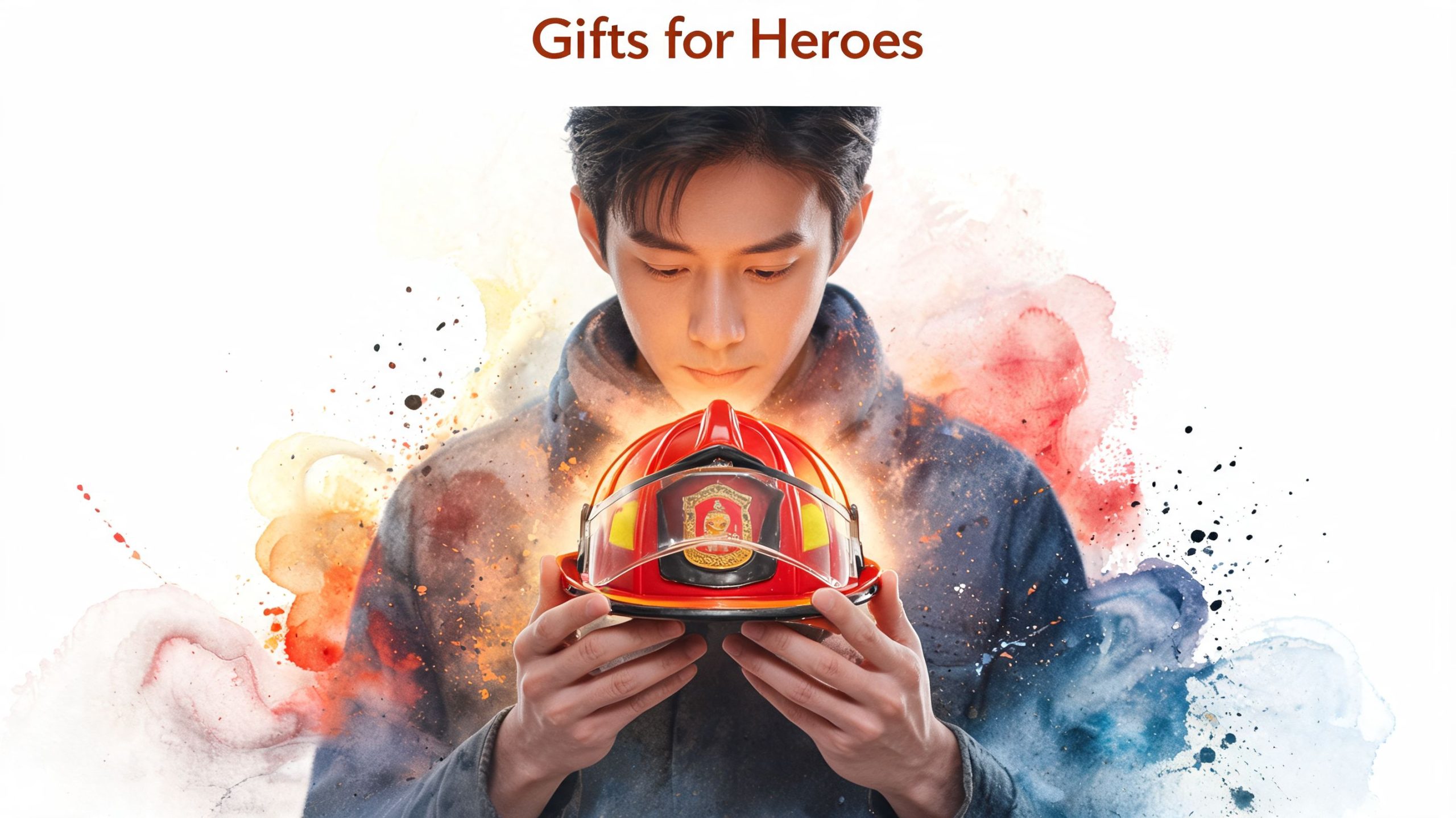 A young man looking respectfully at a glowing red firefighter helmet with colorful artistic smoke effects.