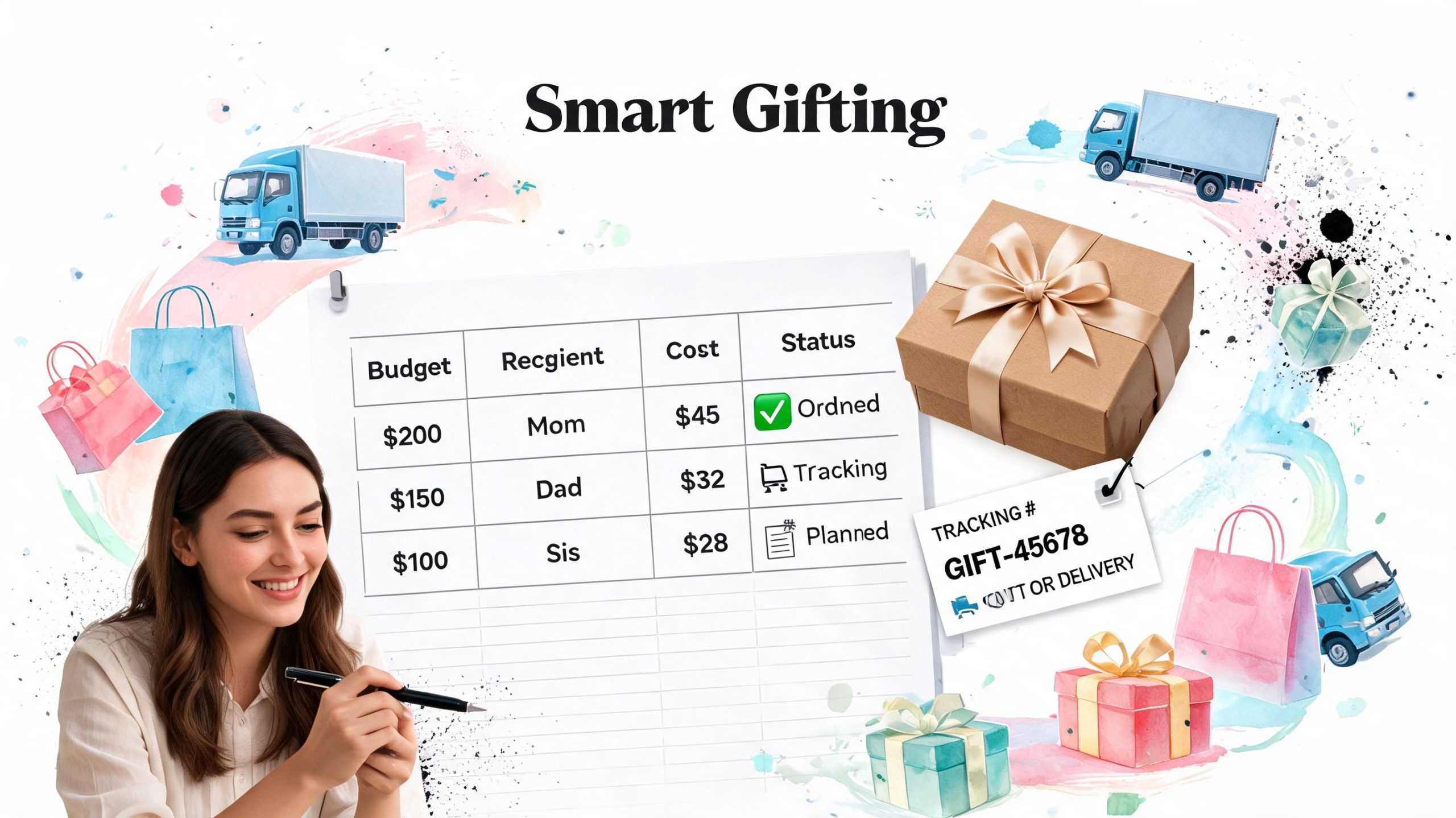 A woman planning a gift budget with a tracking list and delivery status for her family members.