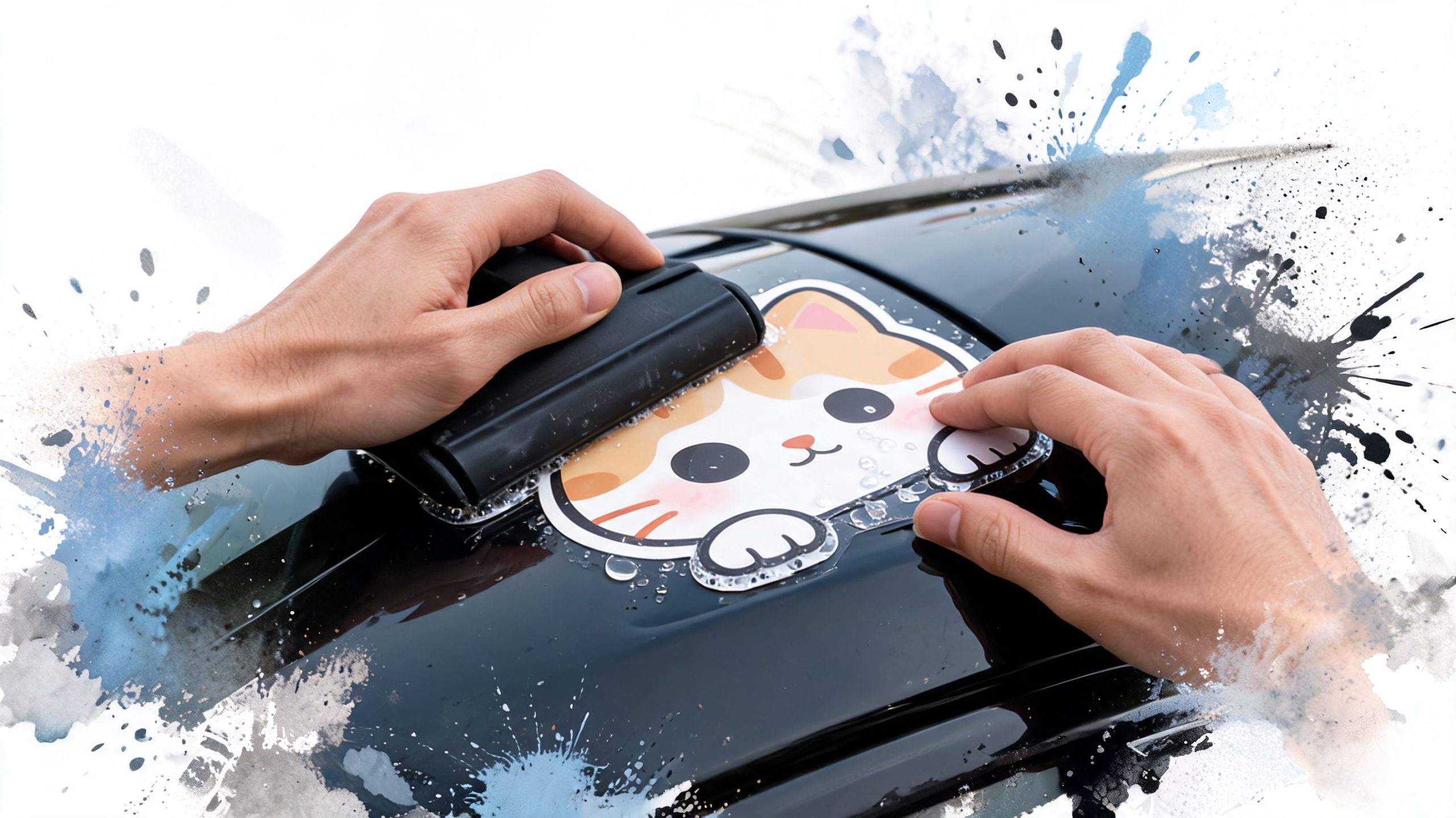 A person applying a cute cat-themed decal onto the shiny black surface of a car with a squeegee.