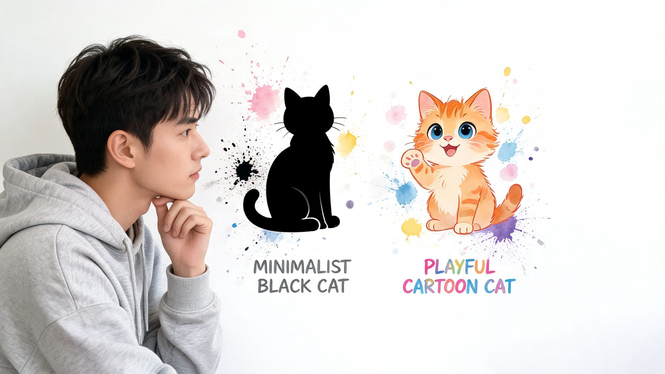 A young man looks at a wall displaying a black cat silhouette and a playful orange cartoon cat.
