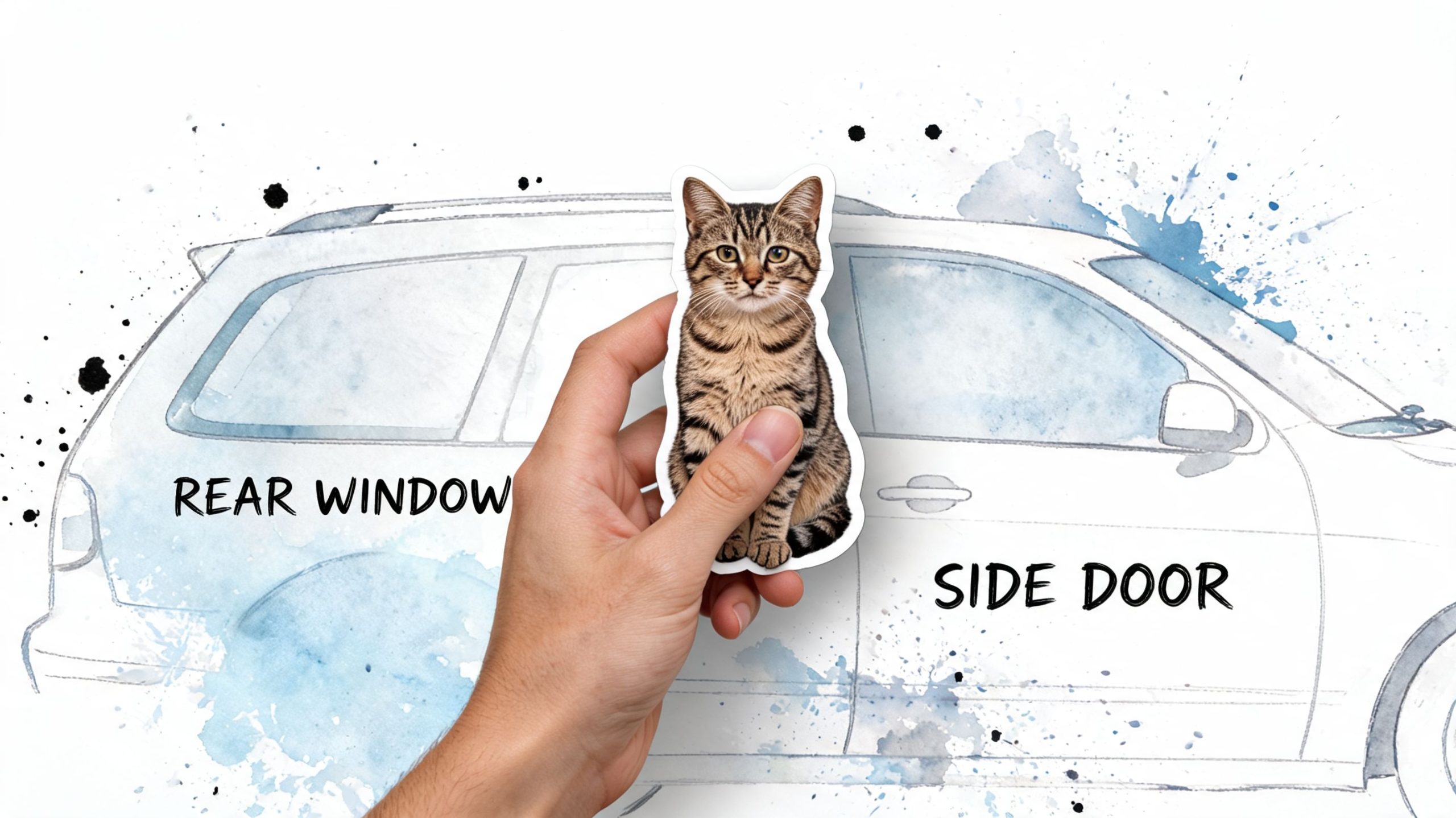A hand holds a cutout sticker of a brown tabby cat against a watercolor car sketch.
