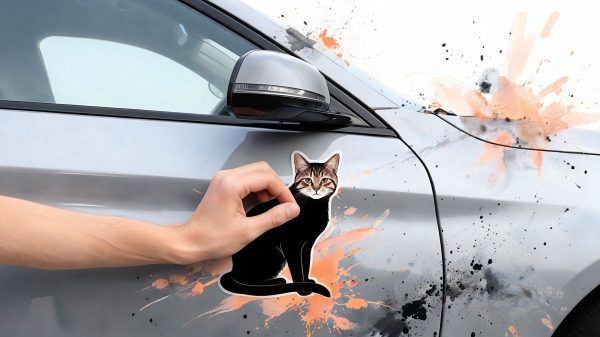 Person applying a cat sticker to a silver car door, with orange and black paint-splatter design in the background