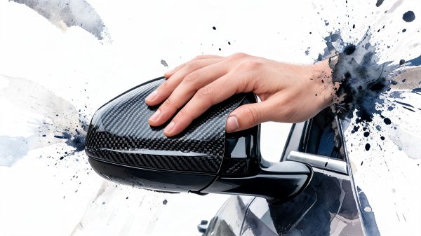 Hand resting on a glossy carbon-fiber motorcycle helmet against a white, splattered-art background, close-up view.
