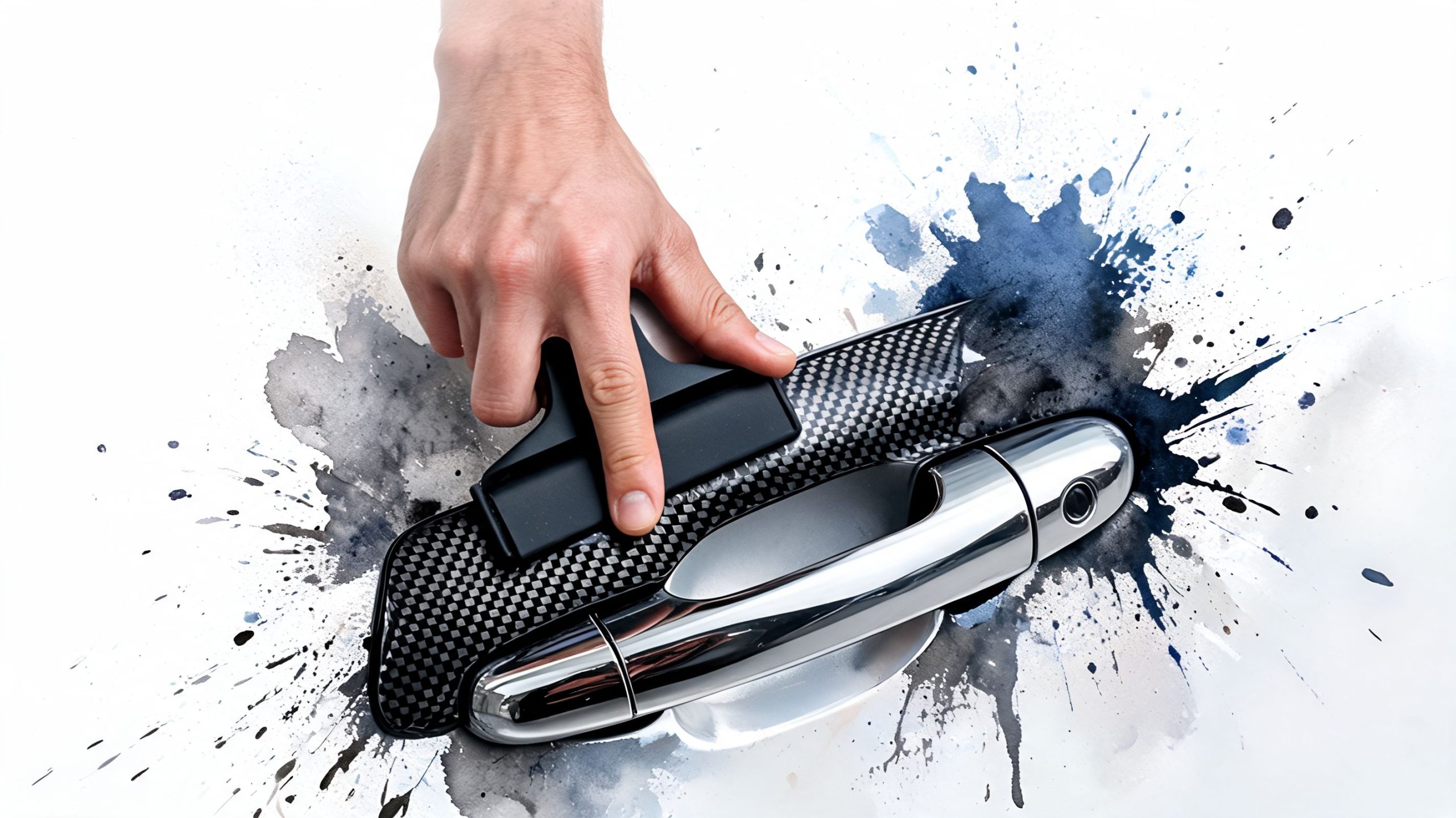 A hand using a squeegee to apply a carbon fiber sticker to a chrome car door handle.