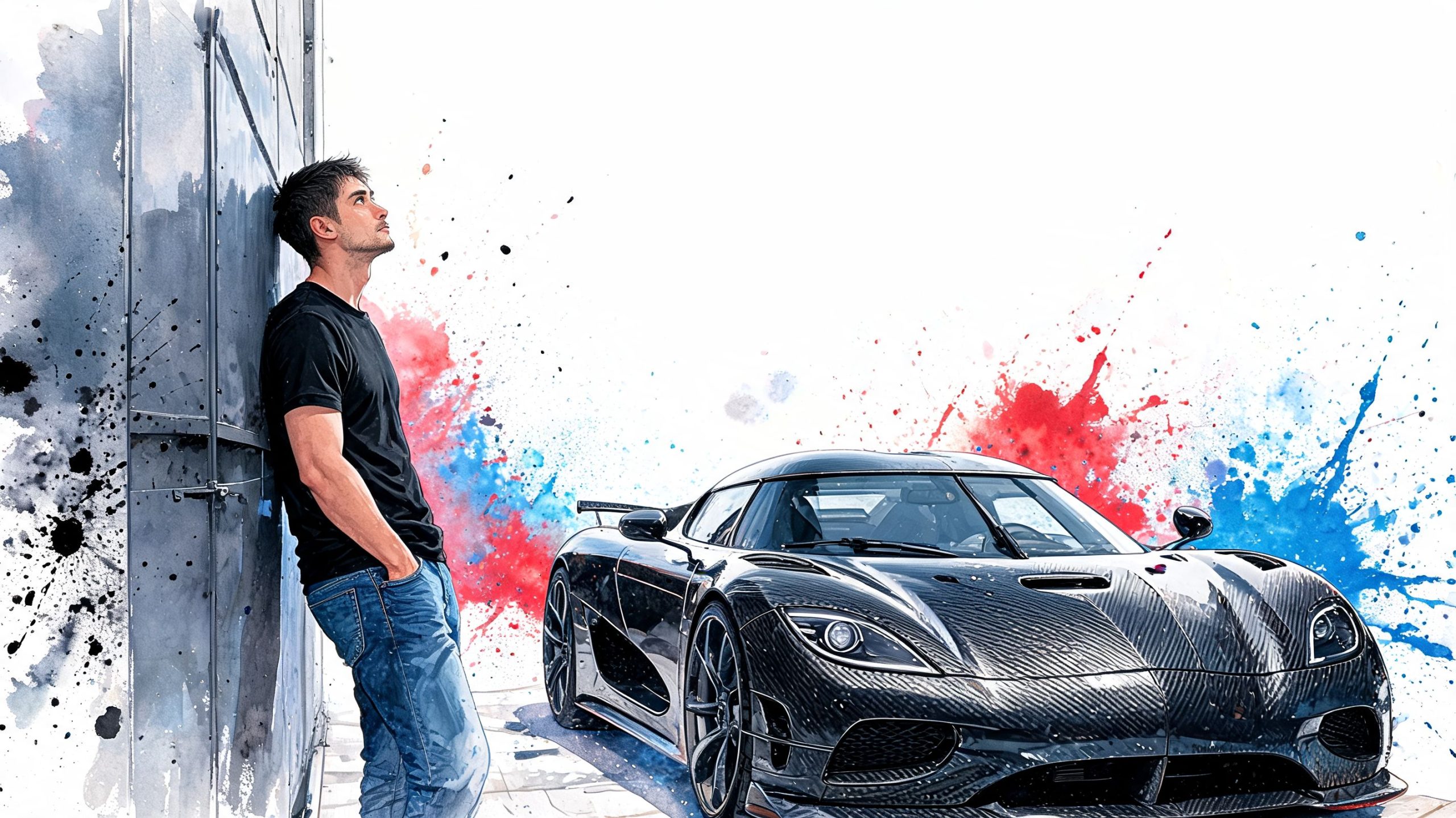 A man in a black t-shirt leaning against a wall next to a carbon fiber supercar.