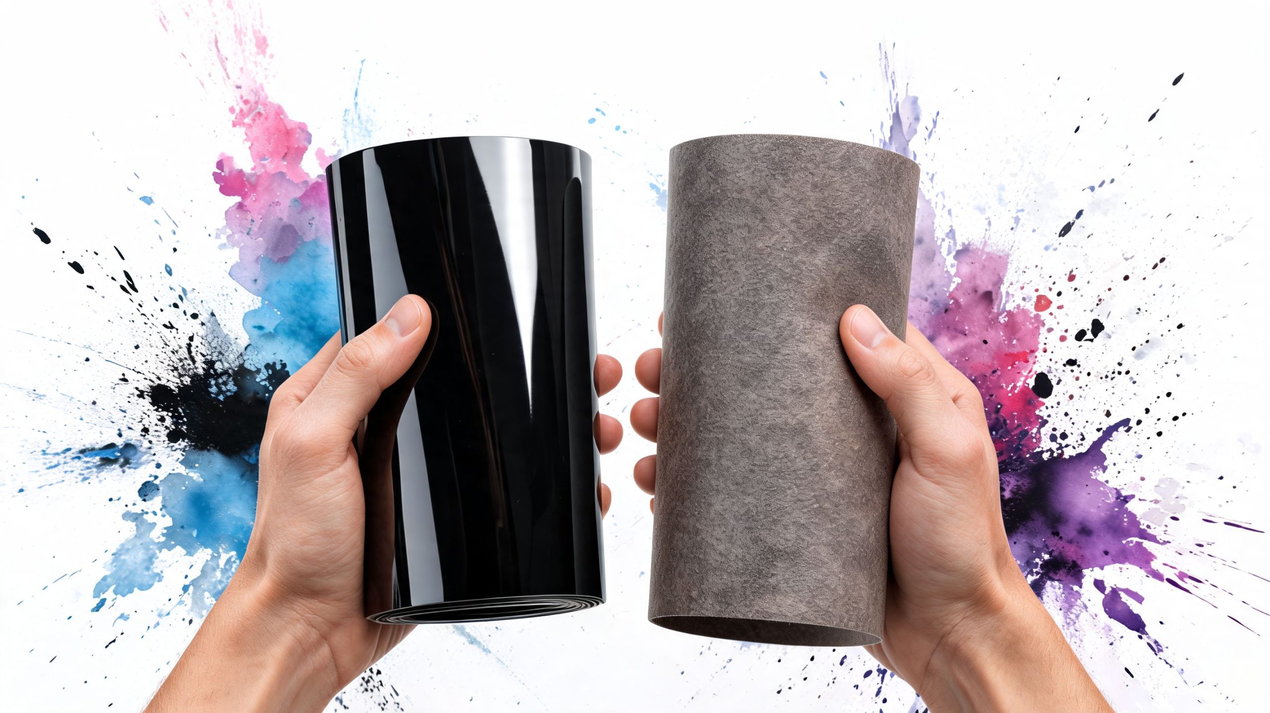 A person holding a glossy black vinyl wrap roll and a matte textured carbon fiber sheet.