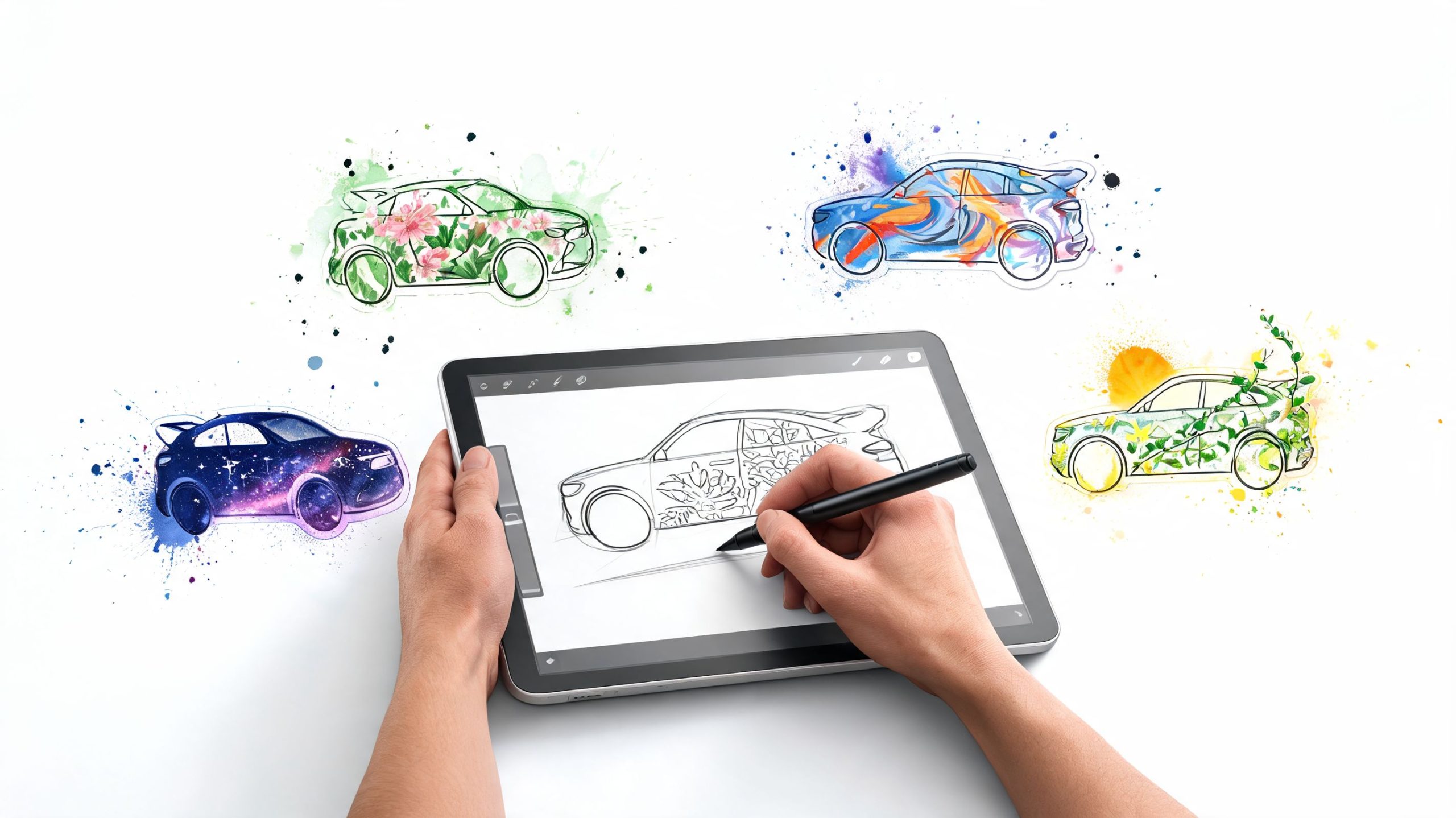 A person using a stylus on a digital tablet to design unique car artwork with floating concepts.
