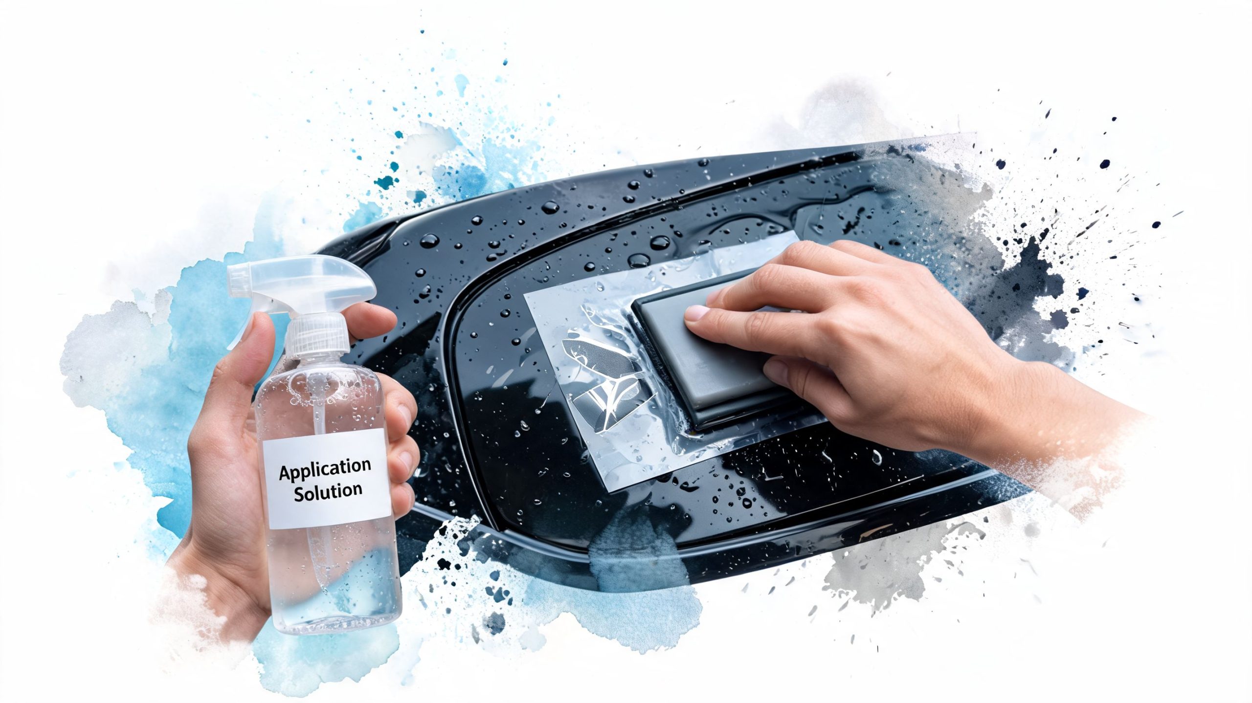 A person applying a custom car decal using an application solution spray and a squeegee tool.