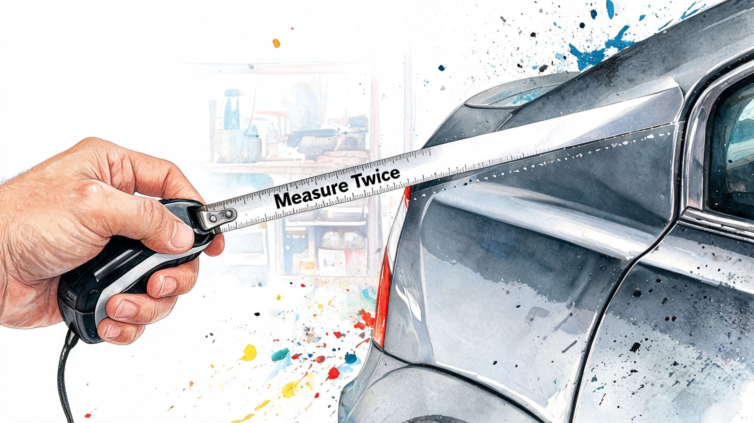 A hand holding a tape measure against a car, emphasizing the importance of accurate measurements for projects.