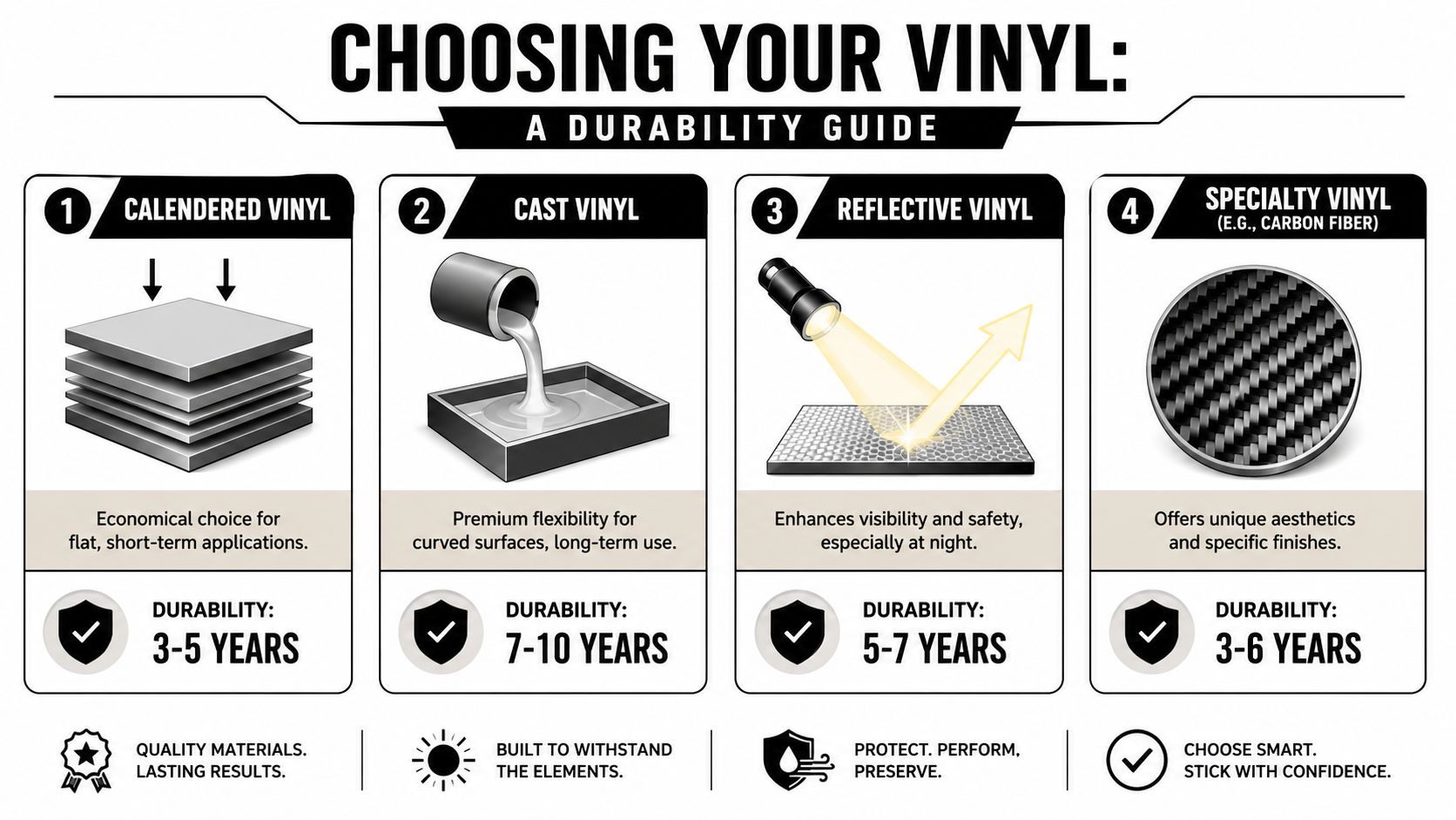 A durability guide chart comparing four types of vinyl used for custom car decals and wraps.