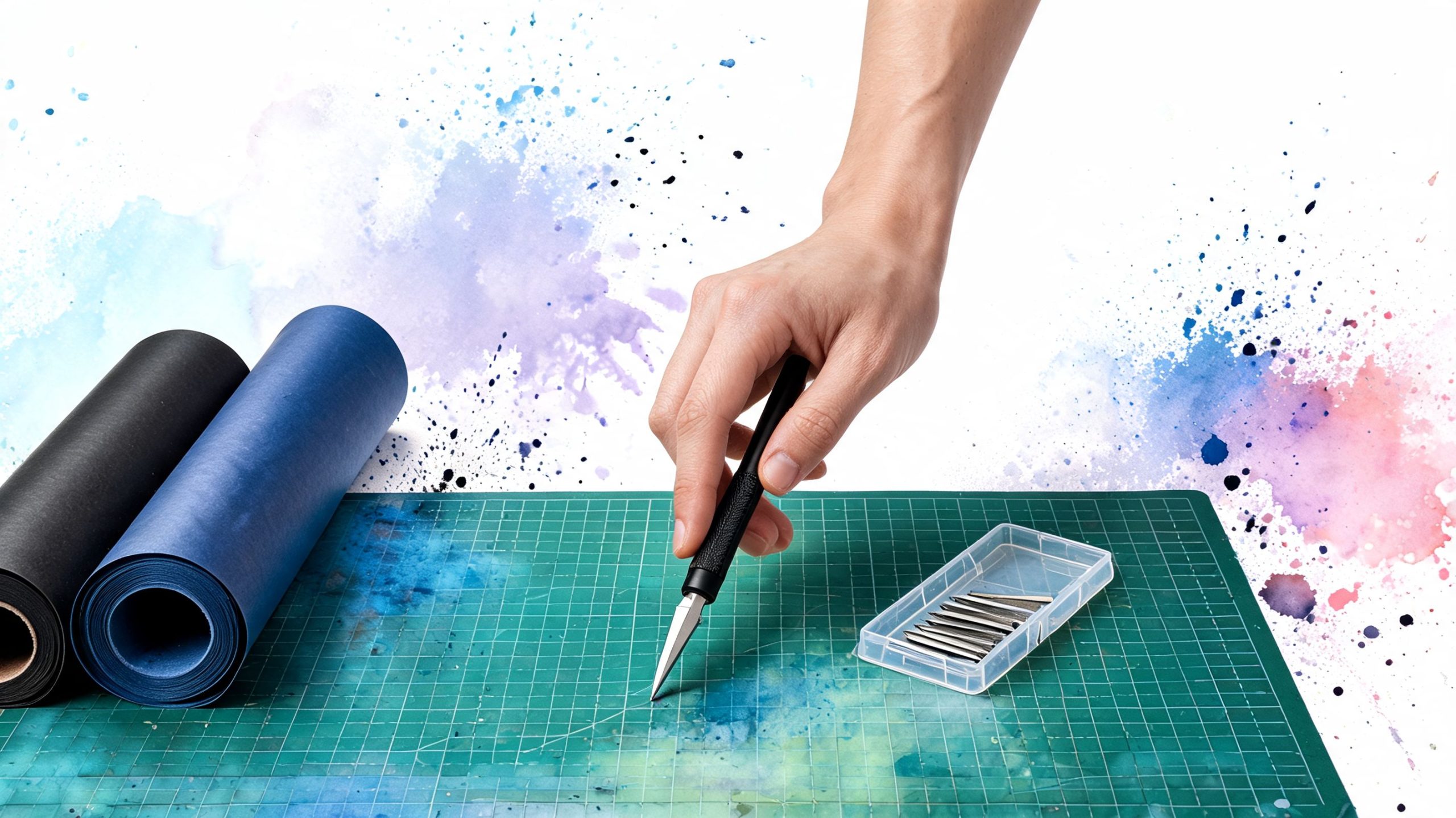 A hand holding a craft knife over a green cutting mat with vinyl rolls and blade replacements.