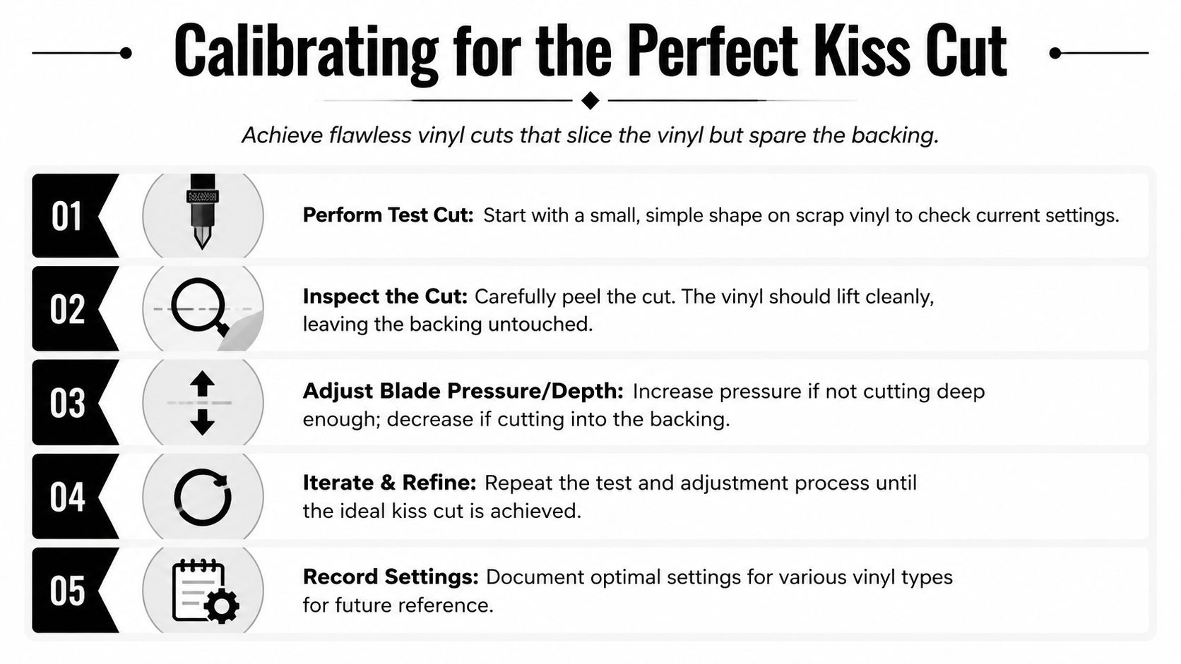 A five-step instructional guide on how to calibrate settings for a perfect vinyl kiss cut.