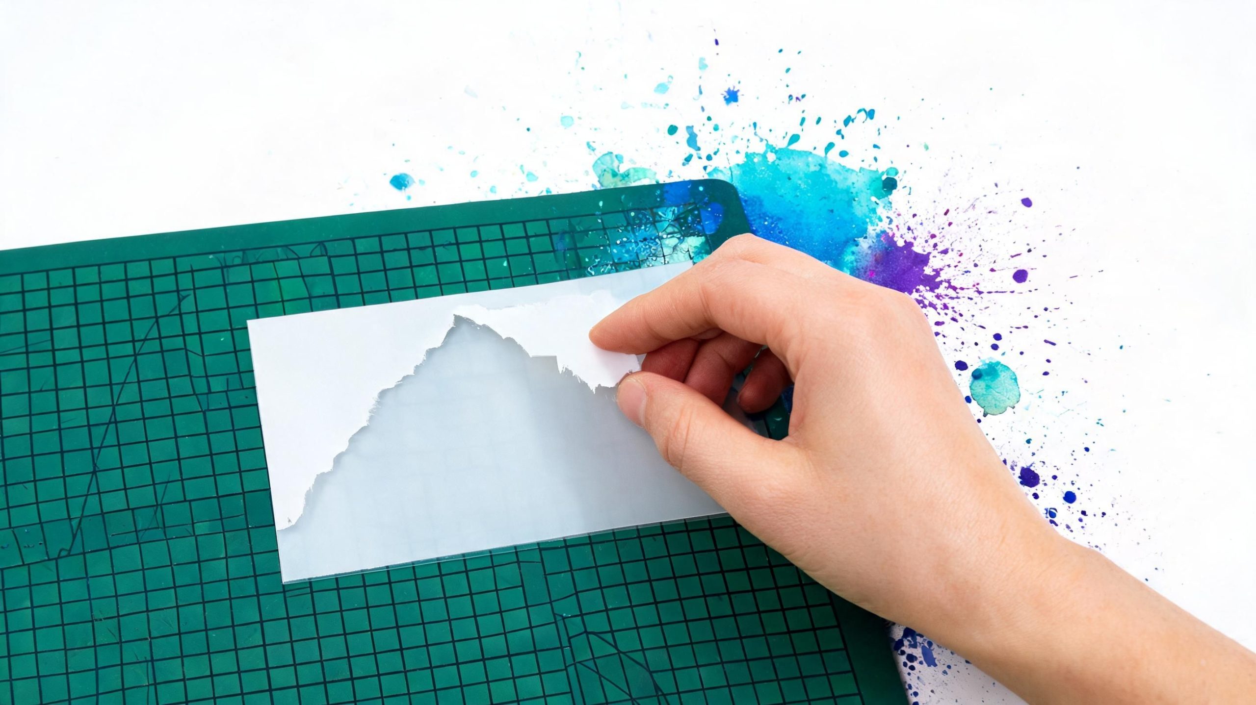A hand peeling a piece of white material off a green self-healing craft cutting mat