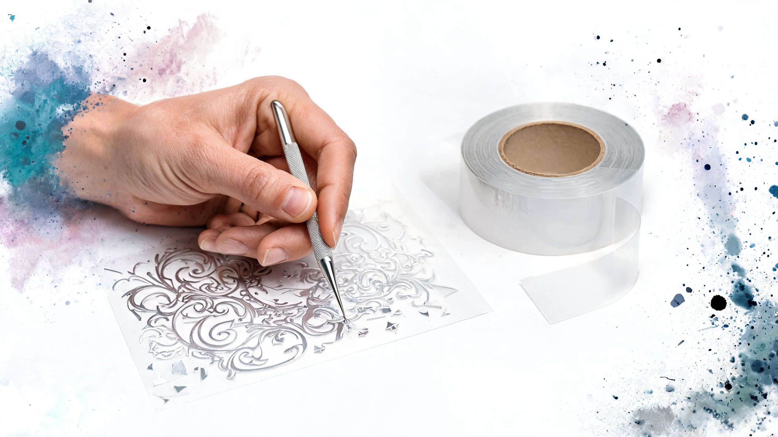 A close up view of a hand using a precision tool to weed intricate silver vinyl decal designs.