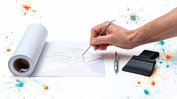 Hand drawing on a white sheet with a metal stylus, rolled paper, pen, and paint-splattered background nearby.