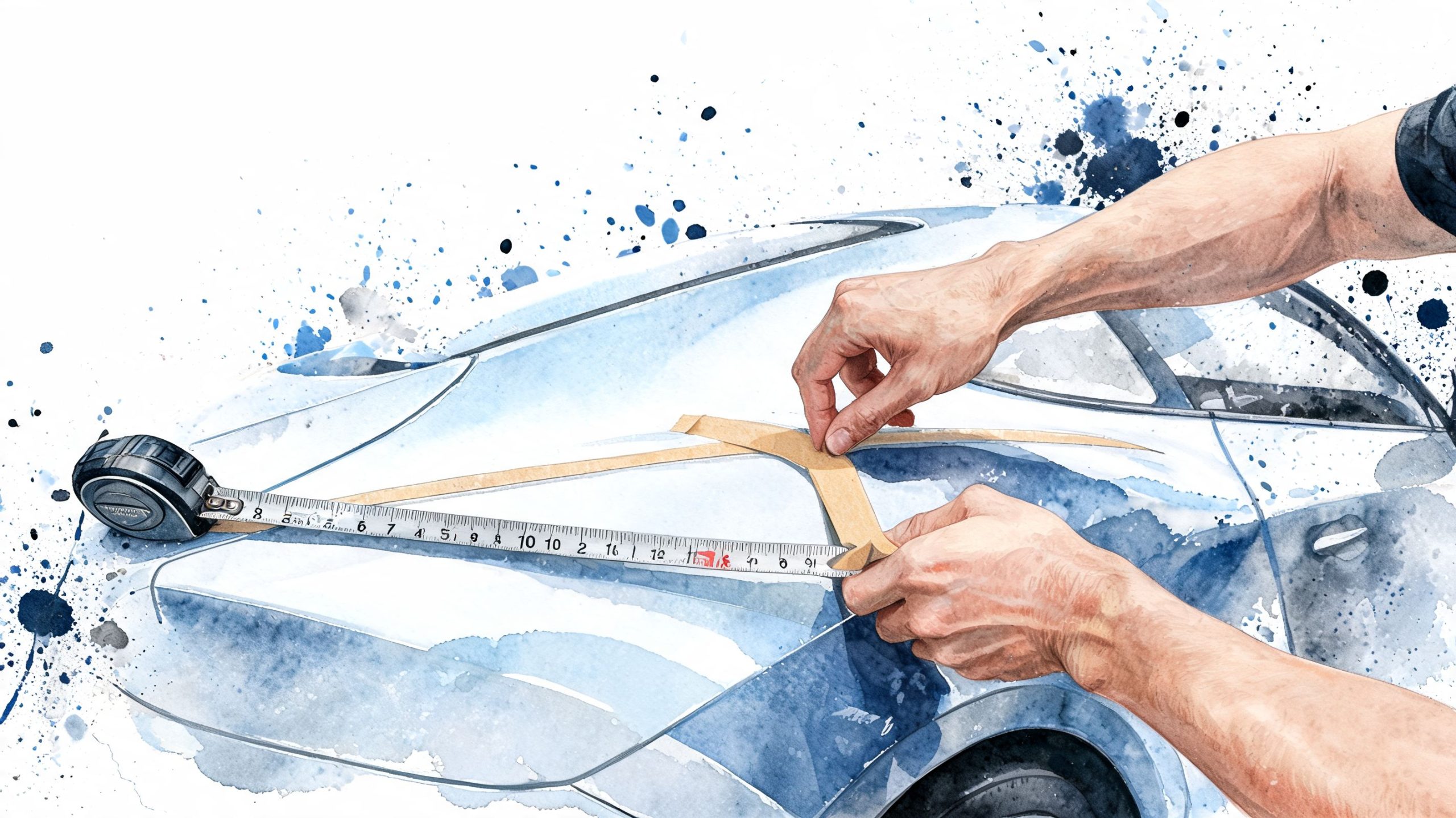 A watercolor illustration of a person carefully measuring and applying tape to a car hood.