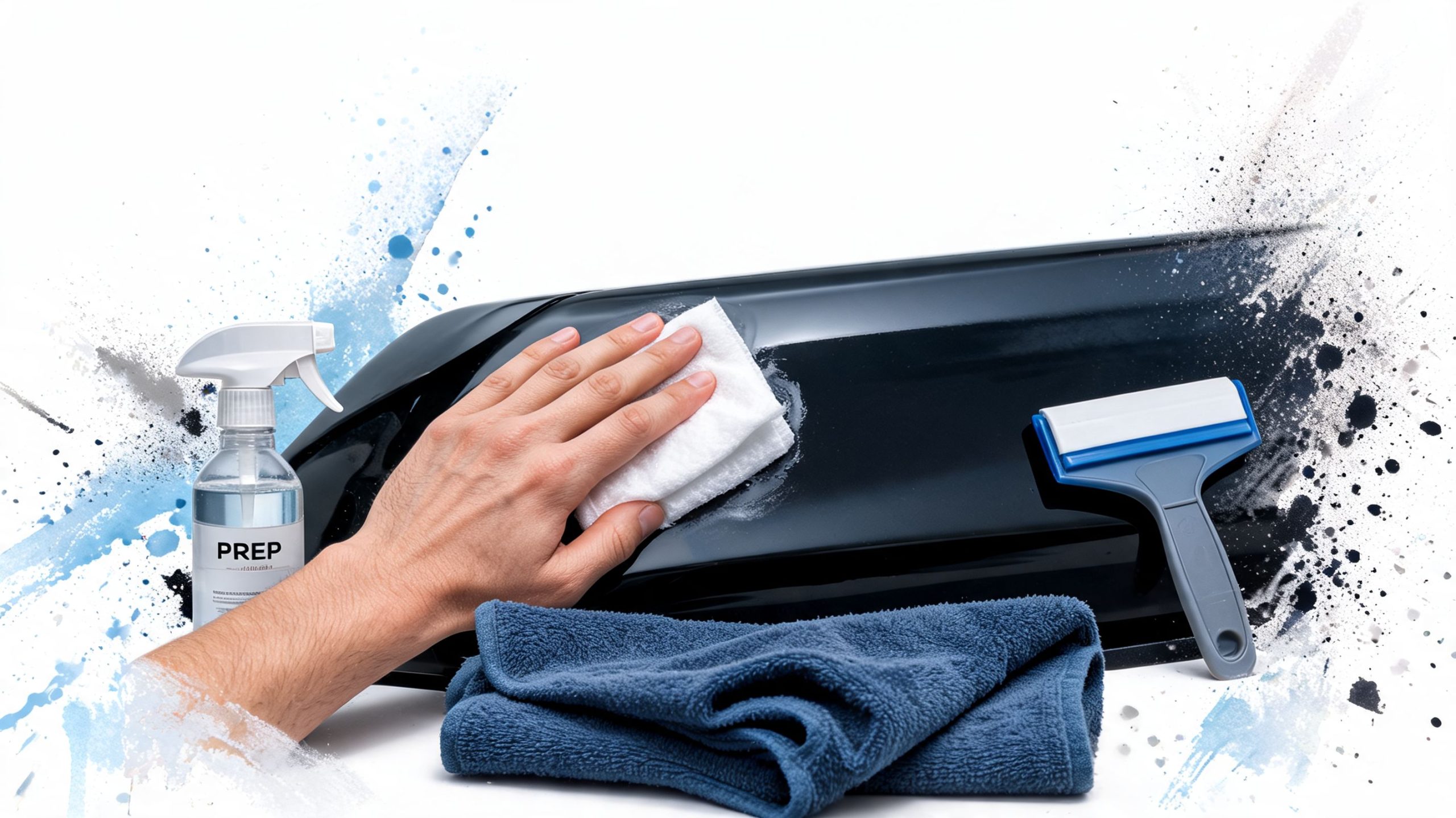 A person cleaning a car surface with a microfiber cloth and prep spray before applying vinyl decals.