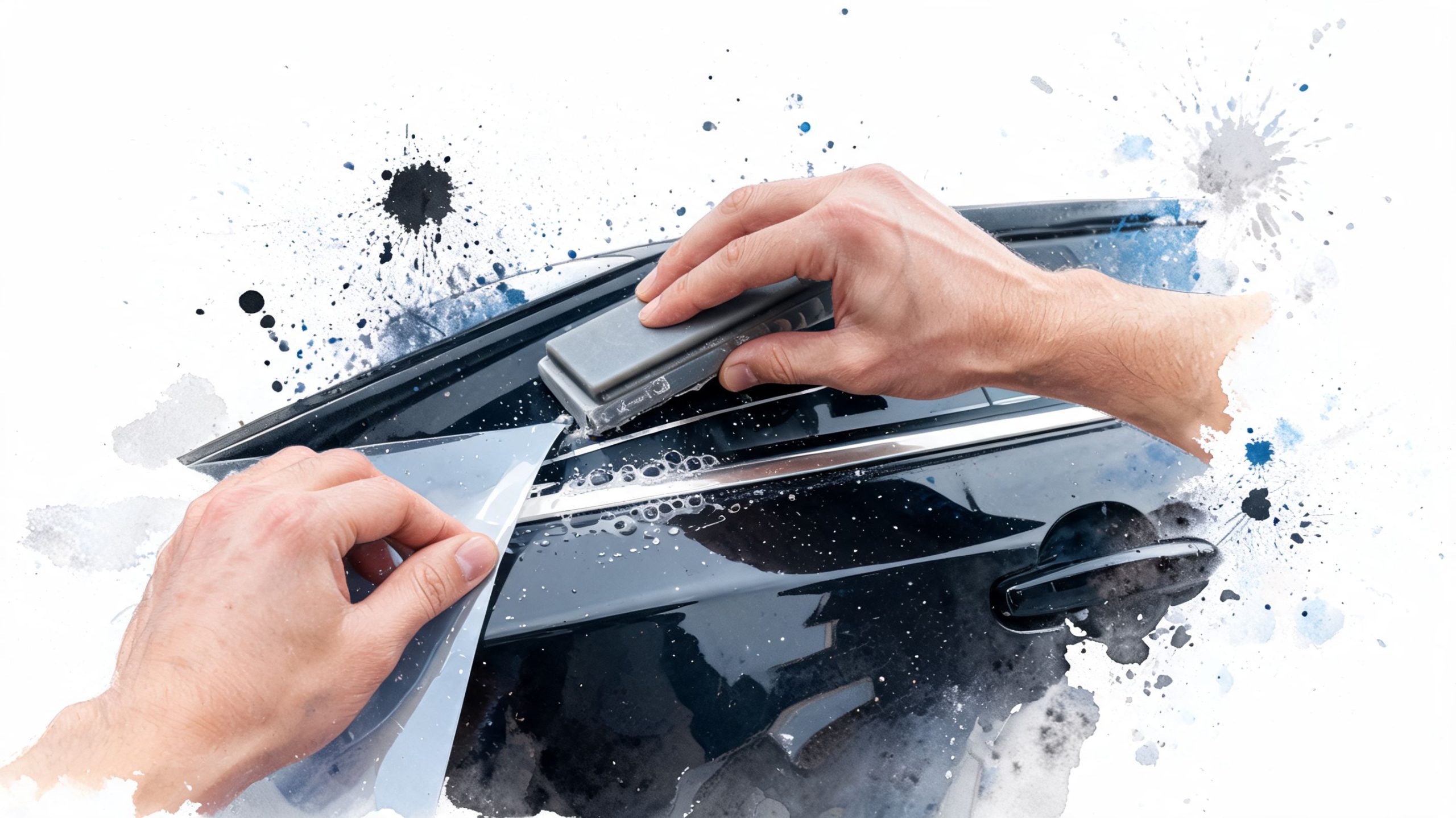 A close-up view of hands applying a protective vinyl film to the window trim of a black car.